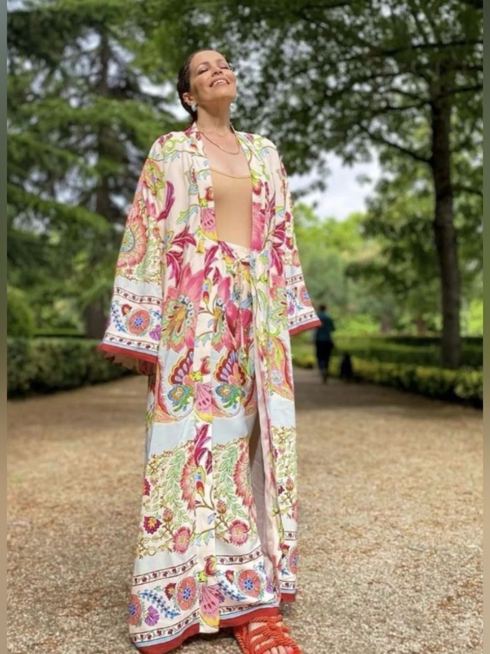 Zara Cream Floral Printed Long Kimono with Pink & Green Accents